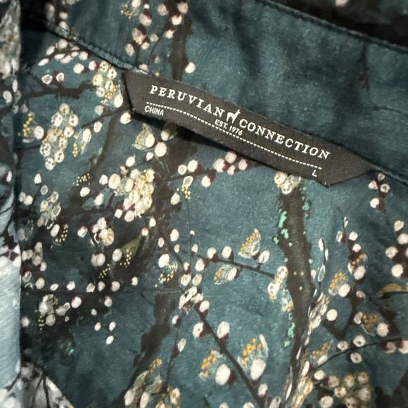 Peruvian Connection Silk Cotton Voile Button Down Shirt L Blue Floral Branch Pri - Picture 12 of 13
